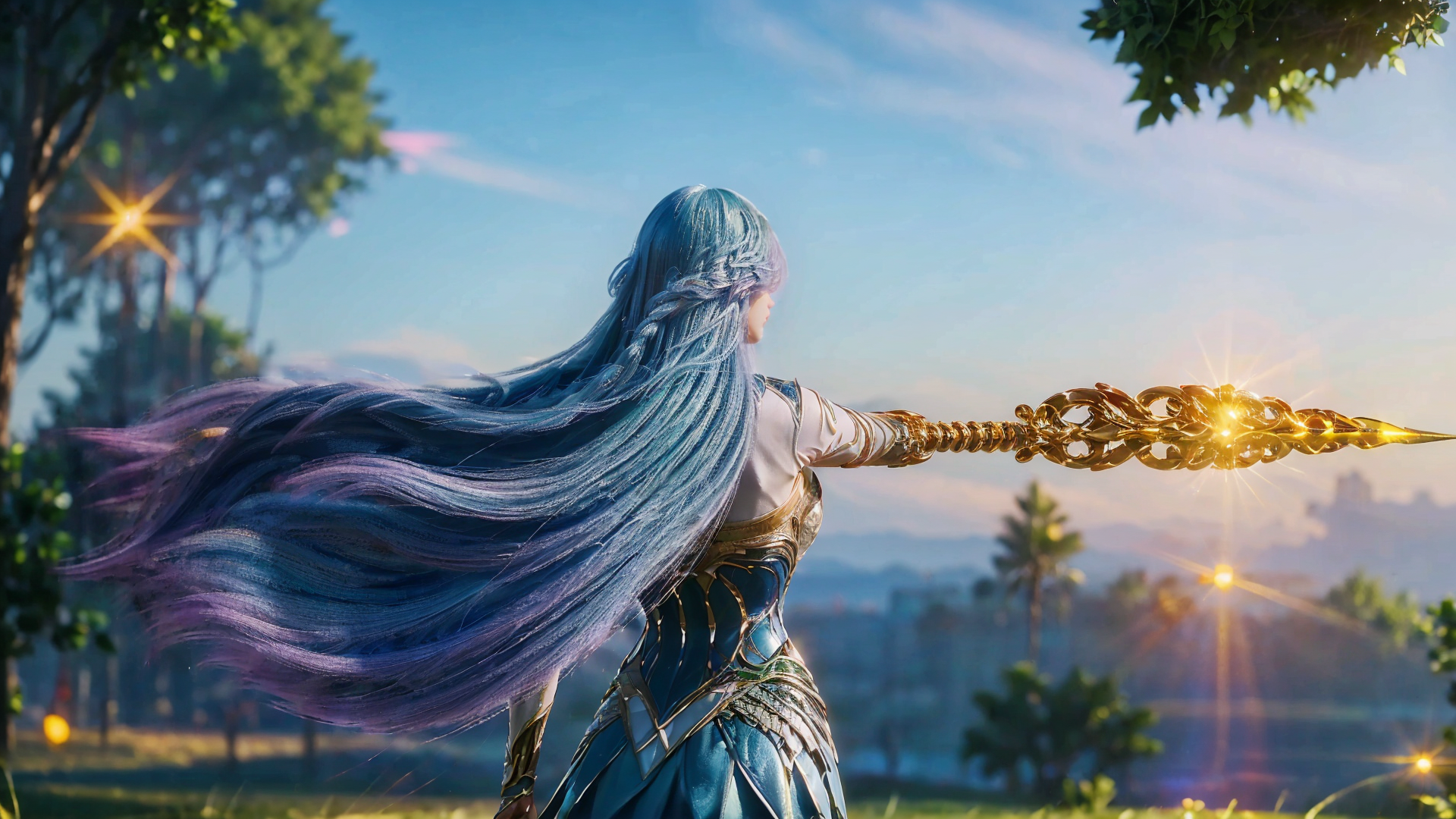 00076-4270942220-1girl,solo,very long hair,blue hair,gradient hair,floating hair,brad,dress,spear,(holding spear),from behind,(from behind),back.png